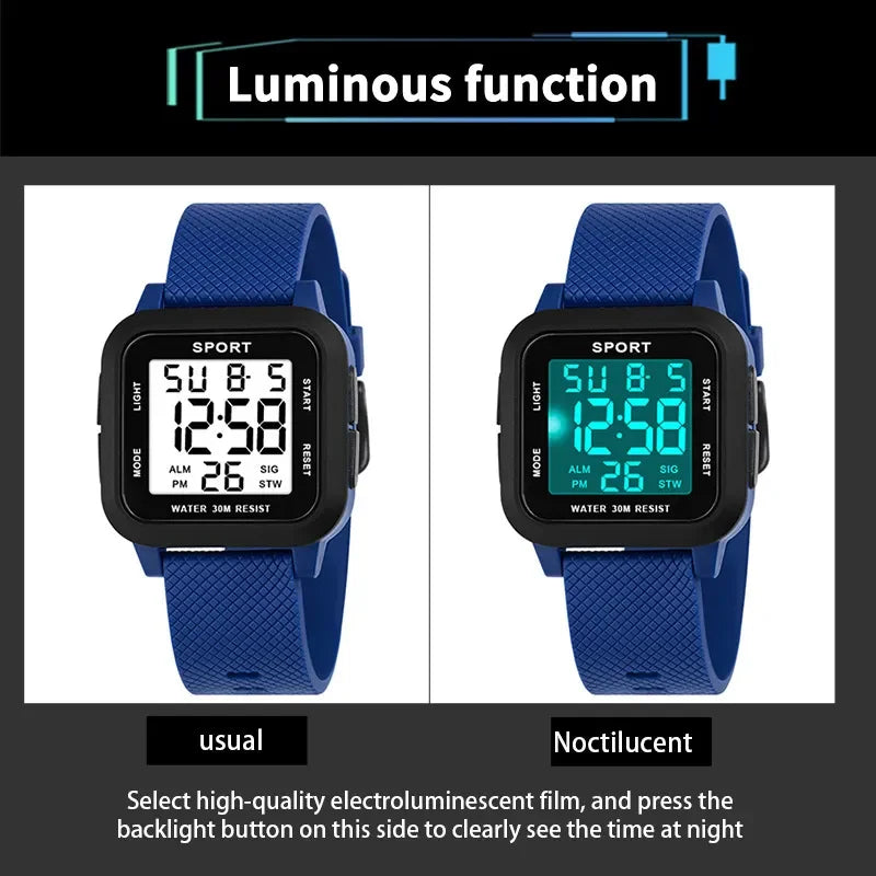 YIKAZE Men's Digital Watch Rubber Men Sports LED Watches 3Bar Waterproof Alarm Chrono Clock Man Fitness Electronic Wrist Watch