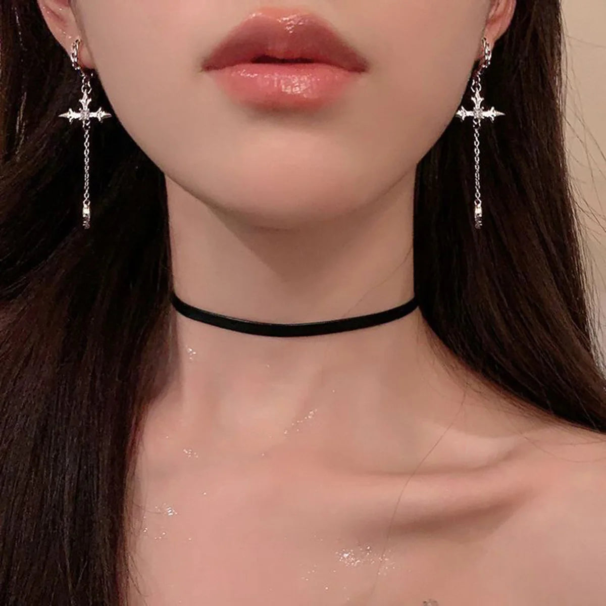 Crystal Cross Tassel Sparkle Earrings