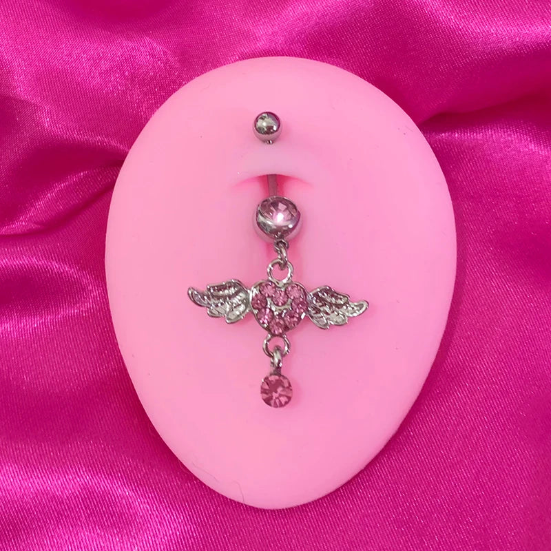 Angelic Heart Belly Ring – Pink Crystal & Wing Body Jewelry