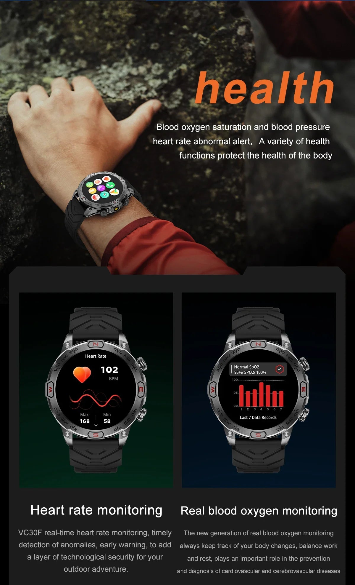 Outdoor Military Smart Watch - Bluetooth Call, Fitness GPS, Compass, Waterproof, for Android & iOS