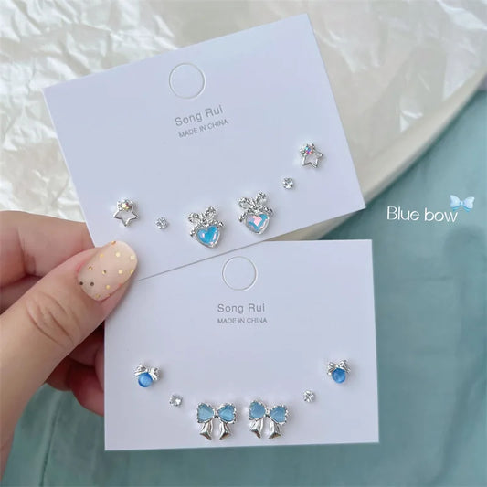 Blue Bowknot & Heart Rhinestone Stud Earrings Set – Y2K Cute Korean Fashion