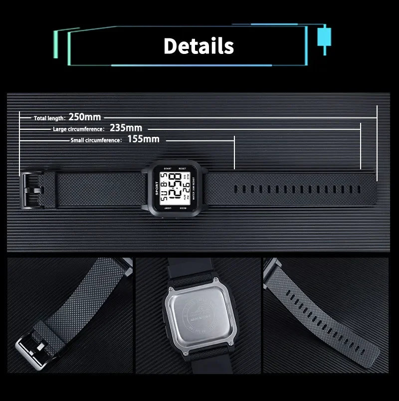 YIKAZE Men's Digital Watch Rubber Men Sports LED Watches 3Bar Waterproof Alarm Chrono Clock Man Fitness Electronic Wrist Watch