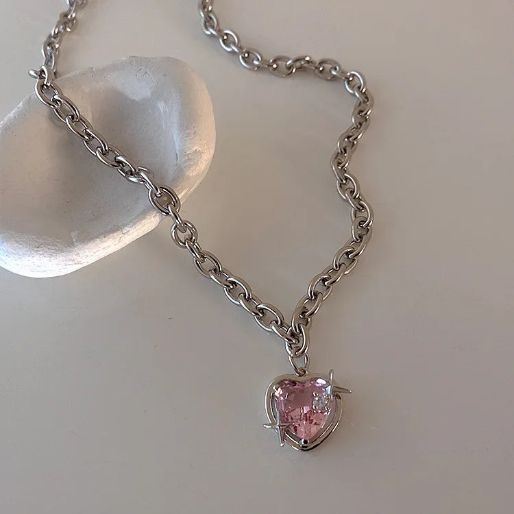 Peach Heart Water Drop Necklace – Y2K Pink Crystal Clavicle Chain