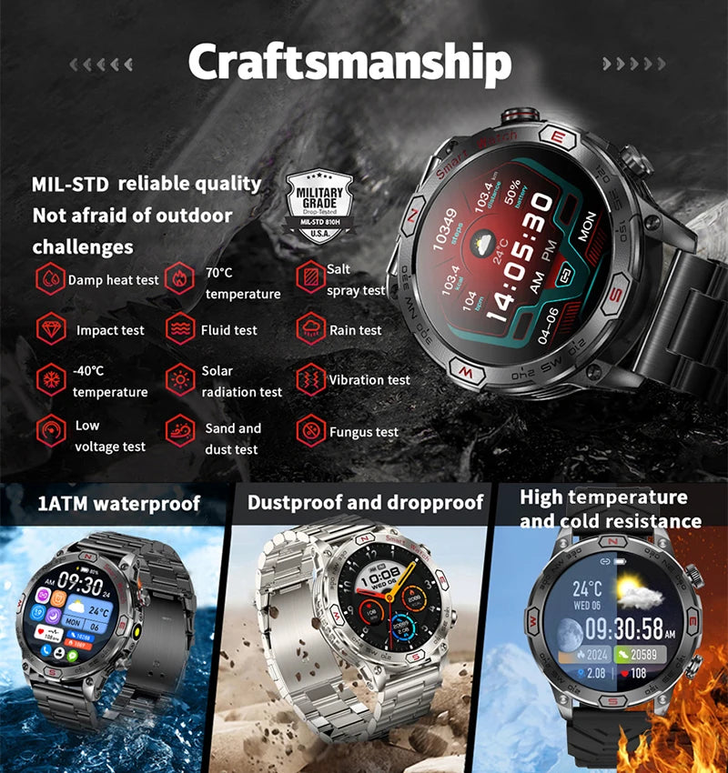 Outdoor Military Smart Watch - Bluetooth Call, Fitness GPS, Compass, Waterproof, for Android & iOS