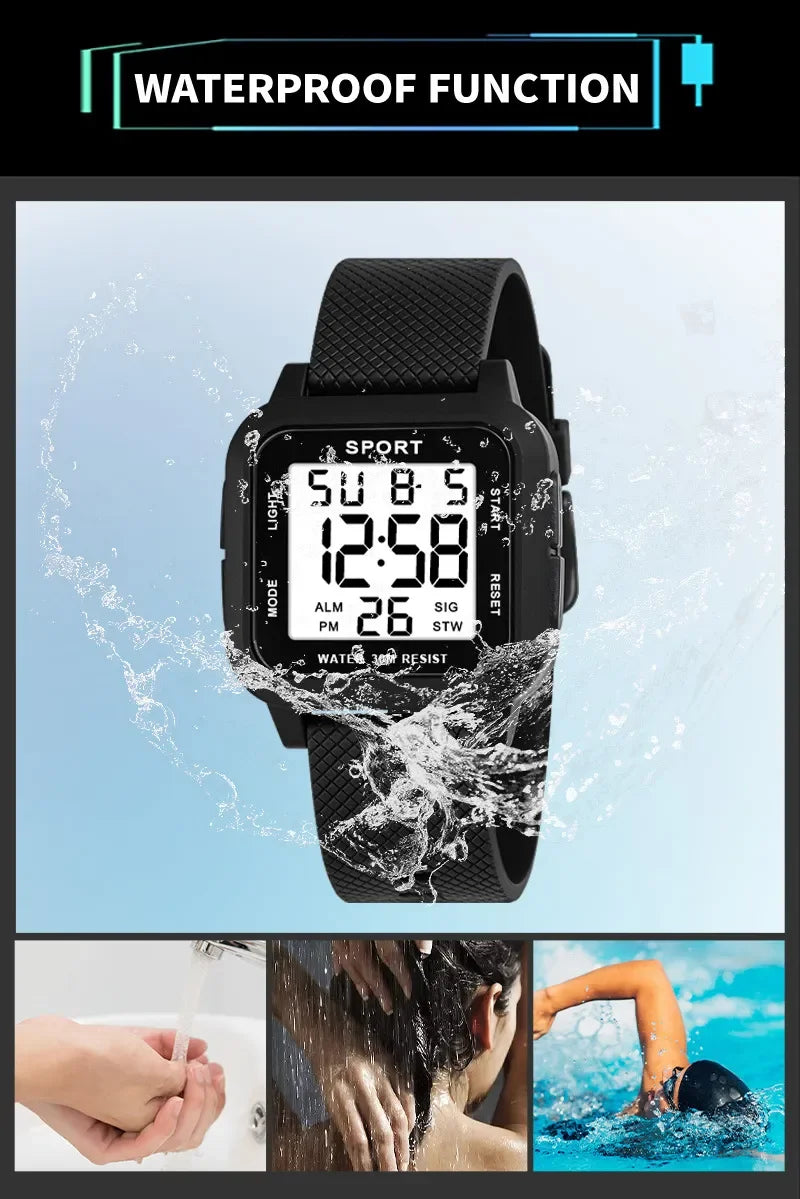 YIKAZE Men's Digital Watch Rubber Men Sports LED Watches 3Bar Waterproof Alarm Chrono Clock Man Fitness Electronic Wrist Watch