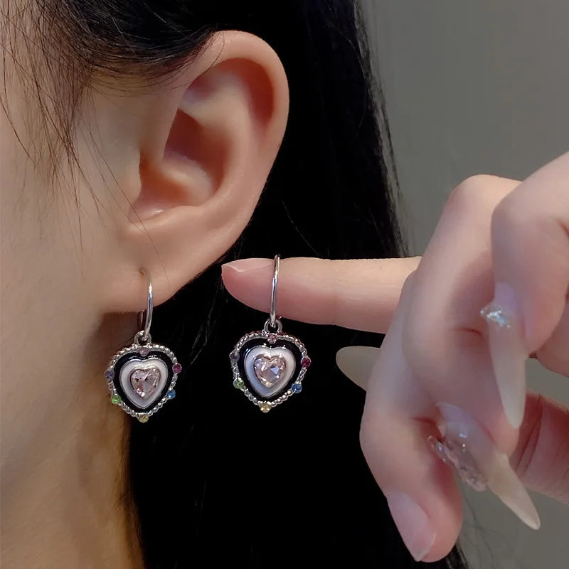 Harajuku Gothic Bow & Pink Crystal Heart Moon Star Earrings – Y2K Fashion Jewelry