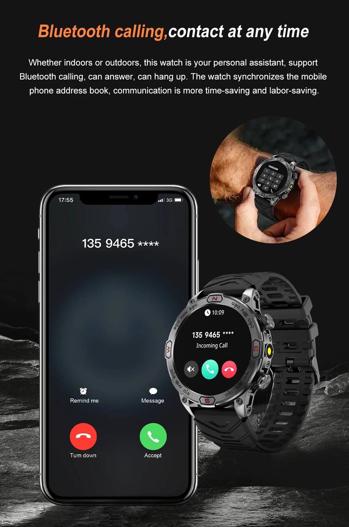 Outdoor Military Smart Watch - Bluetooth Call, Fitness GPS, Compass, Waterproof, for Android & iOS