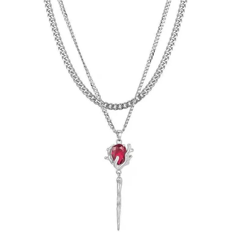 Blossom Charm – Double Layer Rose Pendant Necklace with Red Zircon