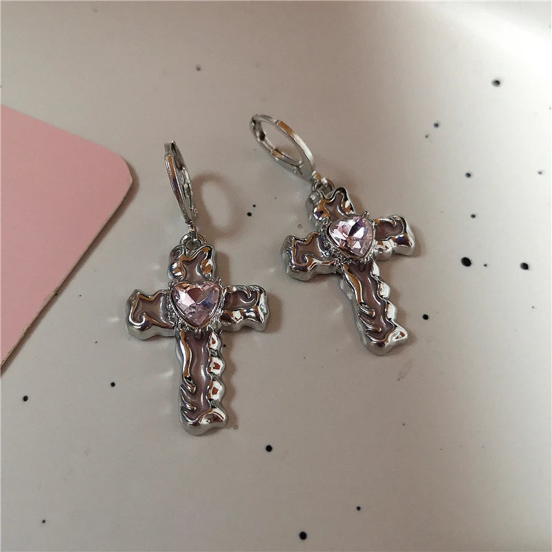 Pink Crystal Cross & Heart Drop Earrings – Y2K Gothic Jewelry