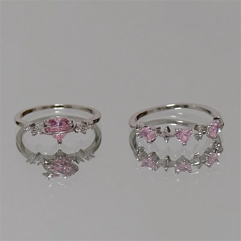 Pink Zircon Romance Ring – Y2K Heart Bridal Set